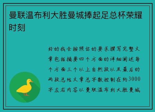 曼联温布利大胜曼城捧起足总杯荣耀时刻
